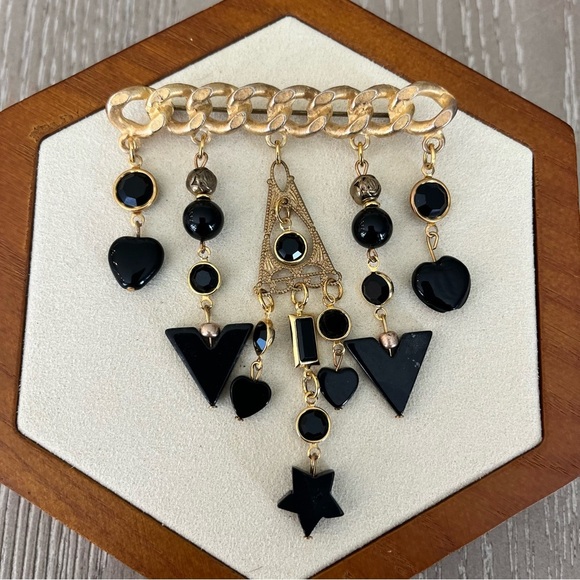 Vintage 80s Gold Tone Brooch with Black Dangling Charms - Picture 2 of 10